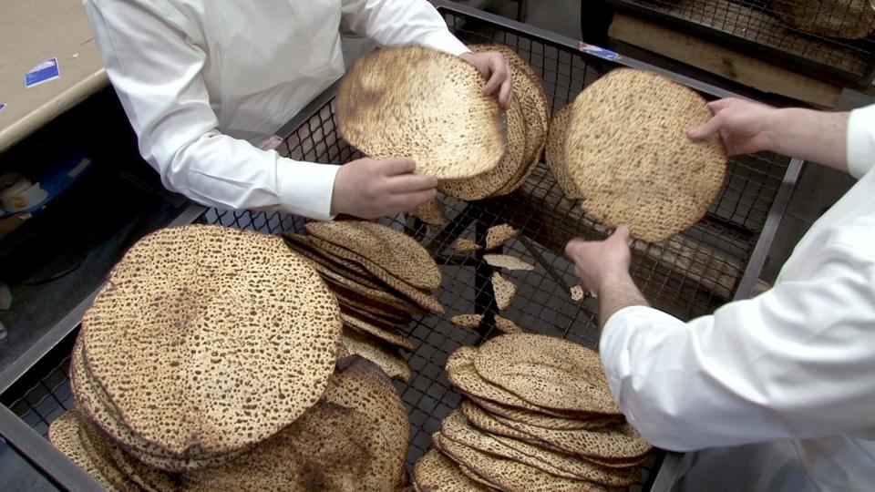 Matzoh is inspected at a bakery in 2023.