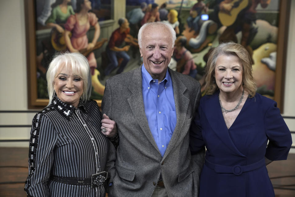 Tanya Tucker, from left, Bob McDill and Patty Loveless pose at a news conference for the Country Music Hall of Fame on Monday, April 3, 2023, in Nashville, Tenn. (Photo by Ed Rode/Invision/AP)