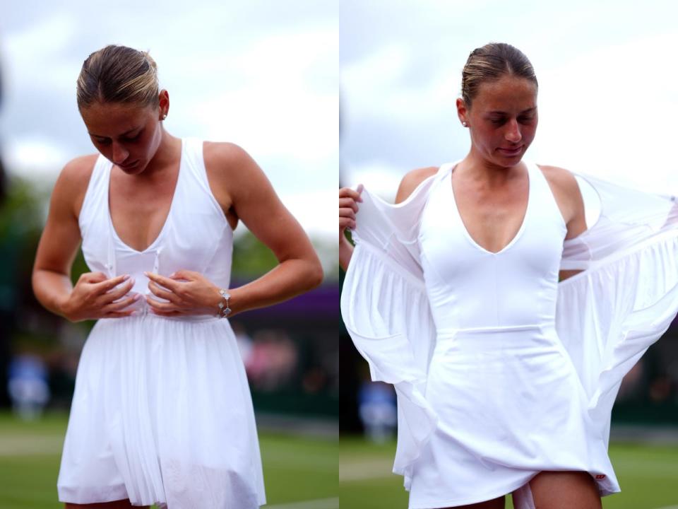 Marta Kostyuk removing the overlay of her Wilson tennis dress ahead of her match against Madison Keys on day five of the Wimbledon 2024.