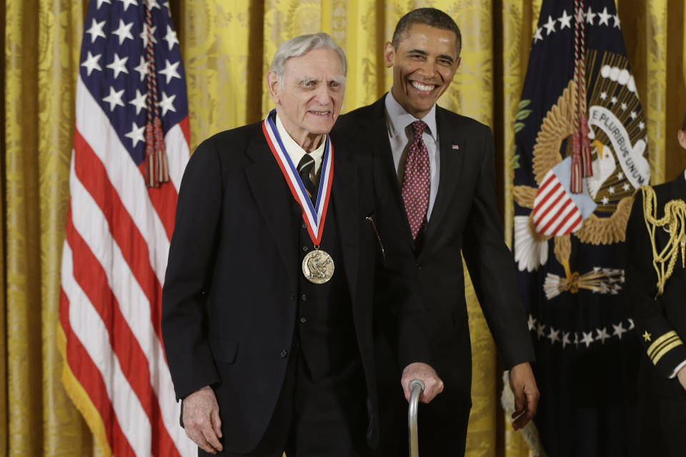 FILE - In this Friday, Feb. 1, 2013 file photo, U.S President Barack Obama awards the National Medal of Science to Dr. John Goodenough of the University of Texas, during a ceremony in the East Room of the White House in Washington. The 2019 Nobel Prize in Chemistry has been awarded to John B. Goodenough, M. Stanley Whittingham and Akira Yoshino “for the development of lithium-ion batteries.” (AP Photo/Charles Dharapak, File)