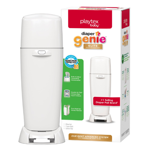 Playtex Baby Diaper Genie Elite Diaper Pail System with Front Tilt Pail for Easy Diaper Disposal. Image via Amazon. 