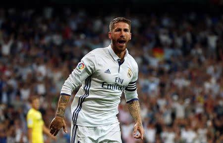 Football Soccer - Real Madrid v Villarreal - Spanish Liga Santander - Santiago Bernabeu, Madrid, Spain - 21/09/16. Real Madrid's Sergio Ramos celebrates a goal. REUTERS/Sergio Perez