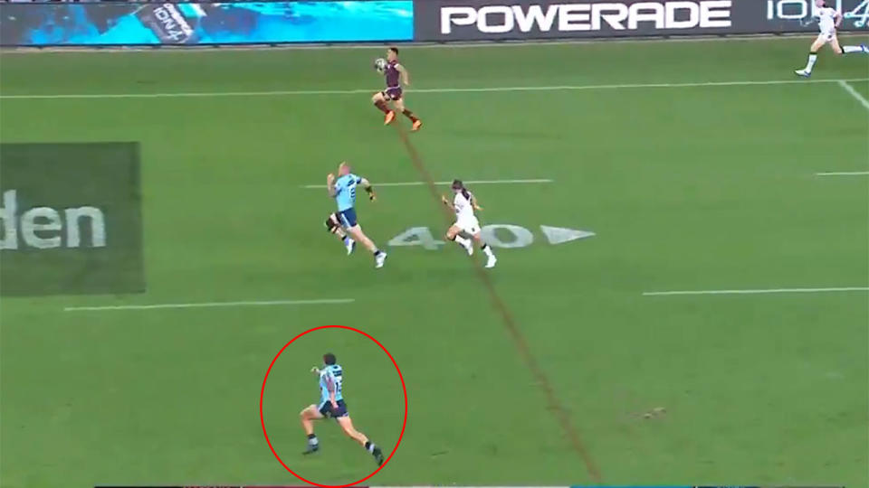 Tyson Frizell has been praised for his attempt to run down Valentine Holmes. Pic: Nine