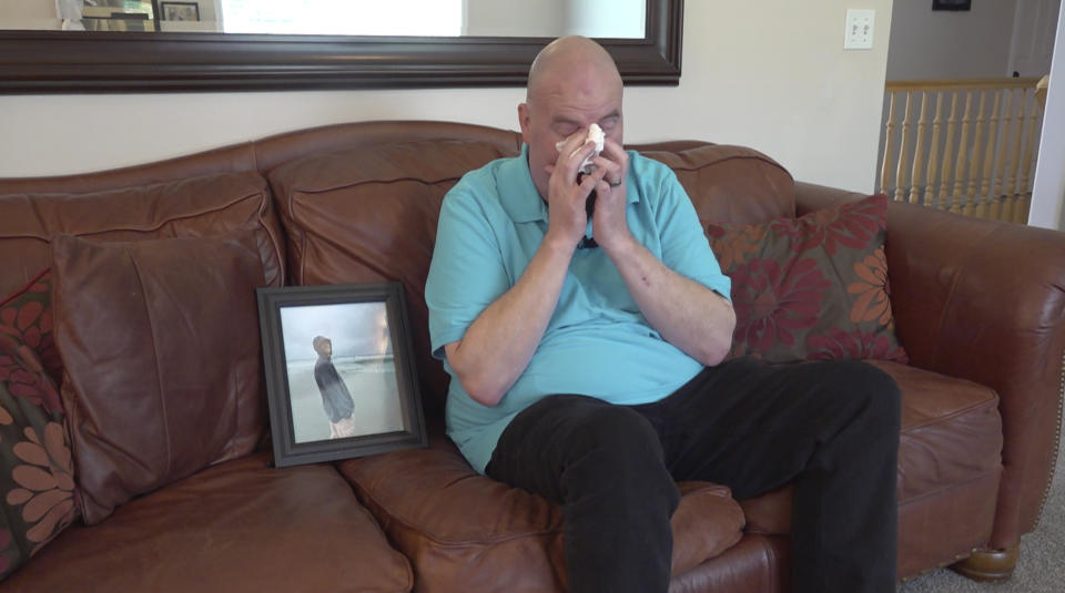 Tyler Thompson Sr., the father of Tyler Thompson, tears up during an interview Thursday, May 30, 2024, in West Jordan, Utah. A Utah family whose son has been implicated in a thwarted coup in Congo says they're unsure if he is still alive. U.S. officials have struggled to make contact with Tyler Thompson and two other Americans two weeks after their arrest. (AP Photo/Rick Bowmer)