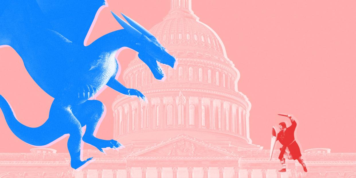 Red tinted man with a sword and shield fighting a large blue tinted dragon with the Capitol building behind them on a pink background