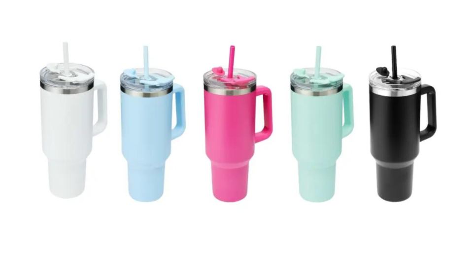 Kmart's $15 Jumbo Tumbler shown in a range of colours.