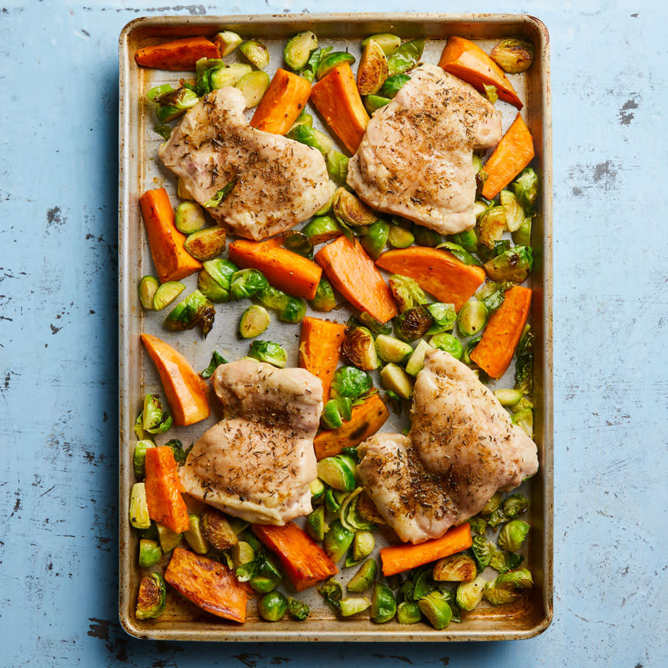 <p>Roasted Brussels sprouts and chicken thighs are a match we go back to over and over again in the Test Kitchen. Paired with cumin, thyme, sweet potatoes and a hit of sherry vinegar, they create one of our favorite easy dinner recipes. <a href="https://www.eatingwell.com/recipe/262738/sheet-pan-chicken-brussels-sprouts/" rel="nofollow noopener" target="_blank" data-ylk="slk:View Recipe" class="link ">View Recipe</a></p>