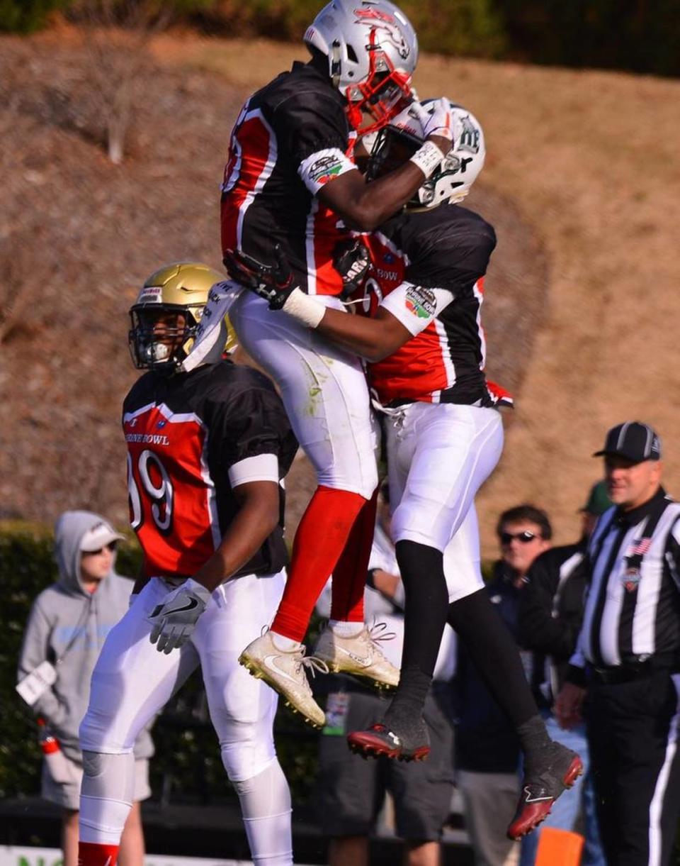 South Carolina wide receiver Bryce Thompson (2) of Dutch Fork High School scores against North Carolina during the 81st annual Shrine Bowl of the Carolinas in Gibbs Stadium at Wofford College in Spartanburg, S.C., Dec. 16, 2017.