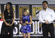 Salma Hayek, from left, Lia McHugh and Don Lee participate in the Marvel Studios panel on day three of Comic-Con International on Saturday, July 20, 2019, in San Diego. (Photo by Chris Pizzello/Invision/AP)