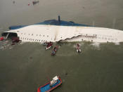 FILE - In this April 16, 2014 file photo released by South Korea Coast Guard via Yonhap News Agency, South Korean rescue team boats and fishing boats try to rescue passengers of the sinking ferry Sewol in the water off South Korea's southern coast, near Jindo. Jokes and concerts are out. So are school field trips and boisterous cheering at baseball games. As South Korea mourns one of its worst ever disasters, a ferry sinking on April 16 that will likely result in the death of more than 300 people, most of them high school kids, anything deemed frivolous or fun is frowned upon, and the backlash for breaking this collective somber mood can be harsh. (AP Photo/South Korea Coast Guard via Yonhap, File) KOREA OUT