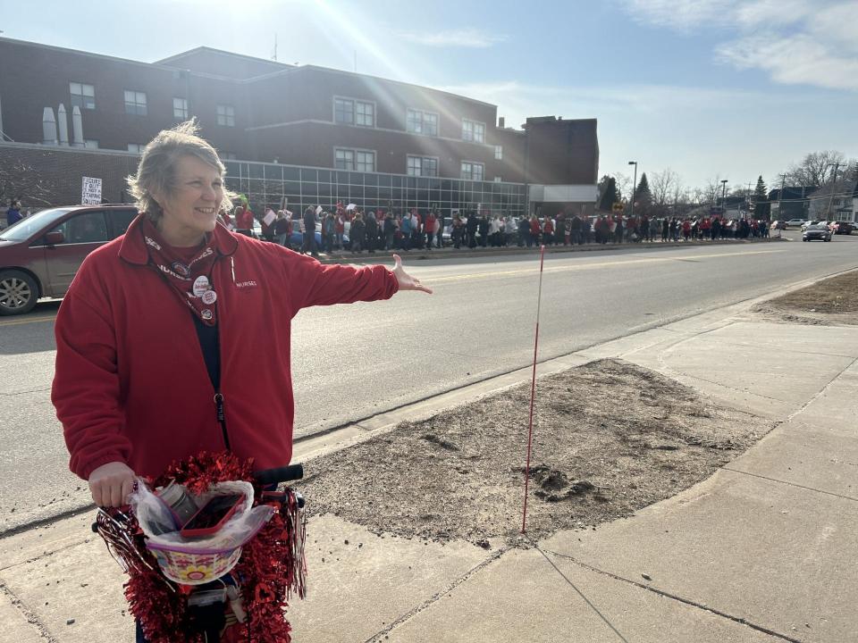 Registered Nurse Jill Halsey, who has been a nurse with MyMichigan for 28 years, takes part in a picket line on Tuesday, March 12, 2024 outside of the hospital in Sault Ste. Marie.