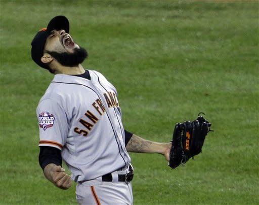 San Francisco Giants' Sergio Romo celebrates after the final out