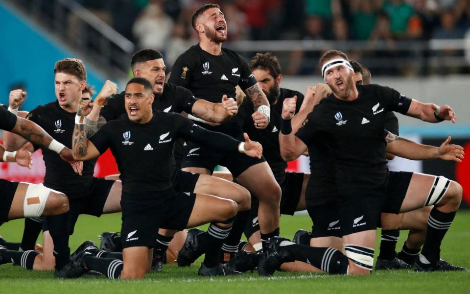 The All Blacks perform the haka at a Rugby World Cup match in Tokyo in 2019