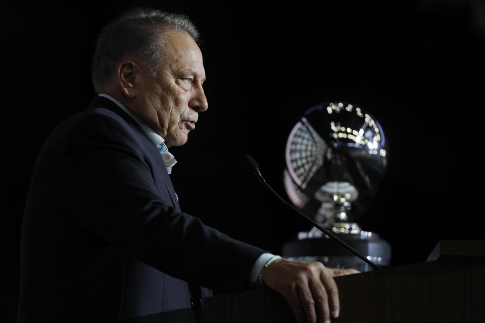 Michigan State head coach Tom Izzo speaks during Big Ten NCAA college basketball Media Days Tuesday, Oct. 10, 2023, in Minneapolis. (AP Photo/Bruce Kluckhohn)