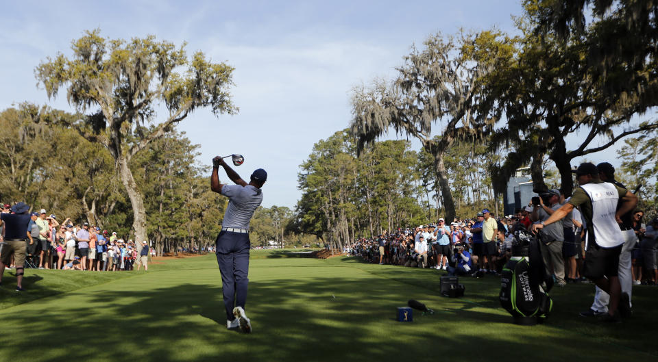 Tiger Woods hits his drive on the 15th hole during the second round of The Players Championship golf tournament Friday, March 15, 2019, in Ponte Vedra Beach, Fla. (AP Photo/Gerald Herbert)