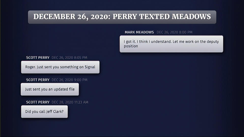 FILE - This exhibit from video released by the House Select Committee, shows texts between former Trump chief of staff Mark Meadows and Rep. Scott Perry, R-Pa., displayed at a hearing by the House select committee investigating the Jan. 6 attack on the U.S. Capitol, June 23, 2022, on Capitol Hill in Washington. Perry says his cellphone was seized Tuesday, Aug. 9, by FBI agents carrying a search warrant. The circumstances surrounding the seizure were not immediately known. (House Select Committee via AP, File)