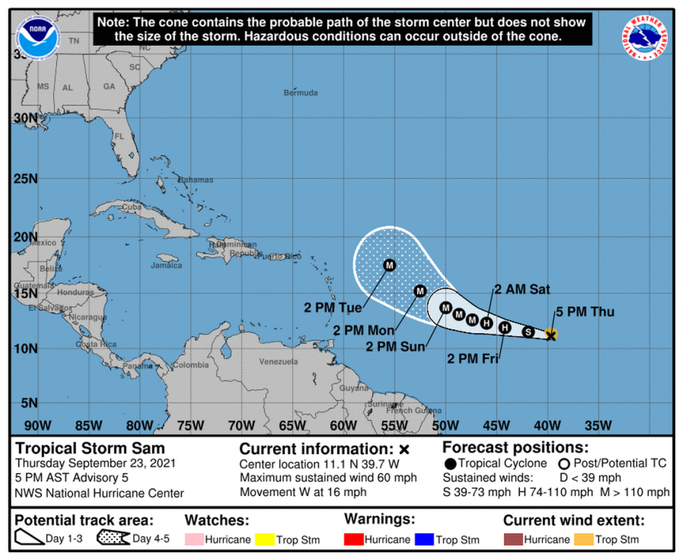 Tropical Storm Sam could rapidly intensify in the next several days as it moves west across the Atlantic.