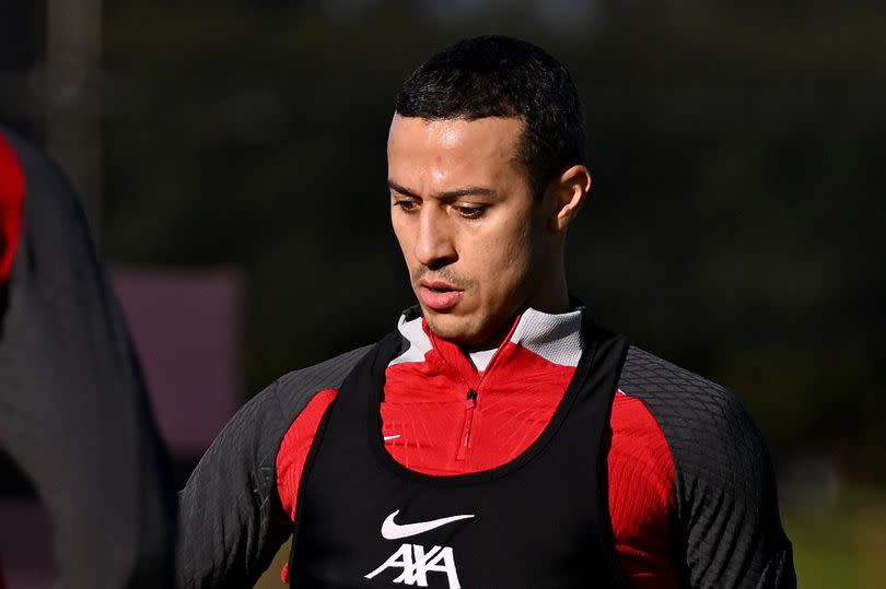 Thiago Alcântara during a Liverpool training session earlier this week.