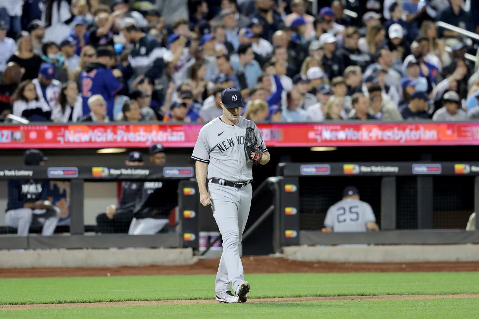 Jun 14, 2023; New York City, New York, USA; New York Yankees starting pitcher Gerrit Cole (45) reacts during the fifth inning against the New York Mets at Citi Field. Mandatory Credit: Brad Penner-USA TODAY Sports