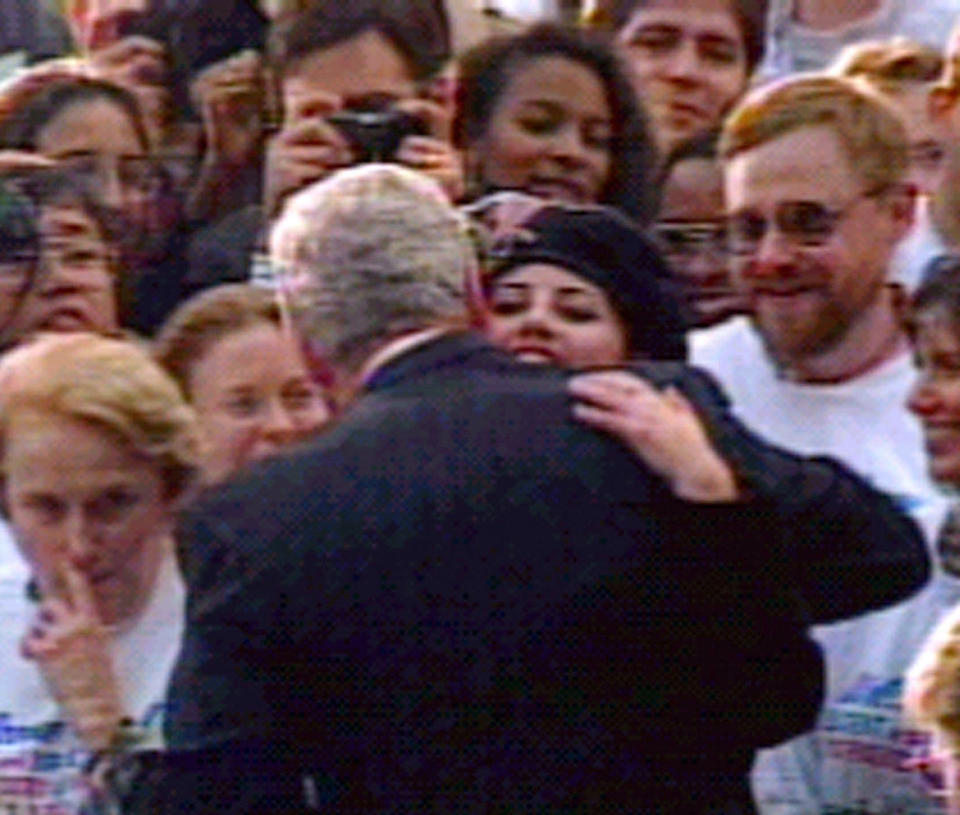 Former White House intern Monica Lewinsky hugs President Clinton at the White House, November 6 1996 during a ceremony gathering the White House interns. (Photo: STR New / Reuters)