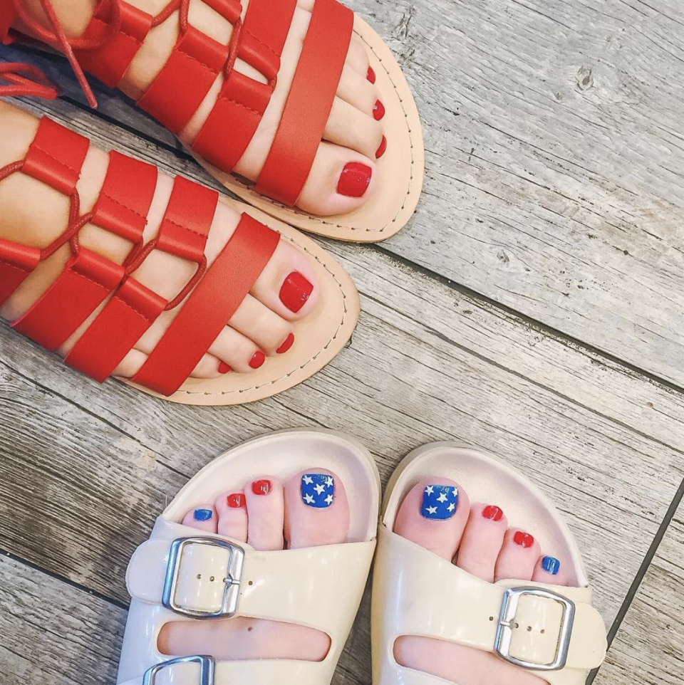 <p>A simple red pedicure is on point for the 4th, but if you have the confidence, these red and blue digits are a good foray into nail art. Just add a few white stars to the big toe. </p><p><a class="link " href="https://www.amazon.com/OPI-Nail-Lacquer-Big-Apple/dp/B0034E103K?tag=syn-yahoo-20&ascsubtag=%5Bartid%7C10072.g.27727694%5Bsrc%7Cyahoo-us" rel="nofollow noopener" target="_blank" data-ylk="slk:SHOP POLISH;elm:context_link;itc:0;sec:content-canvas">SHOP POLISH</a></p>