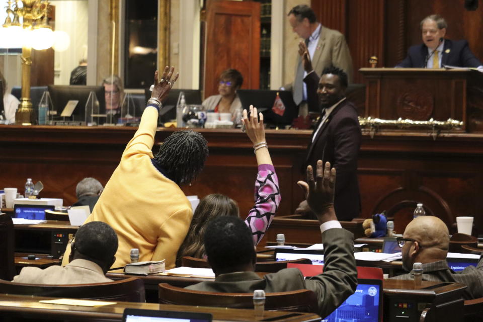 South Carolina Democratic Reps. Gilda Cobb-Hunter and Heather Bauer call for a vote on one of the Democrats' many amendments that sent an abortion debate into the early morning hours on Wednesday, May 17, 2023, in Columbia, S.C. (AP Photo/James Pollard)