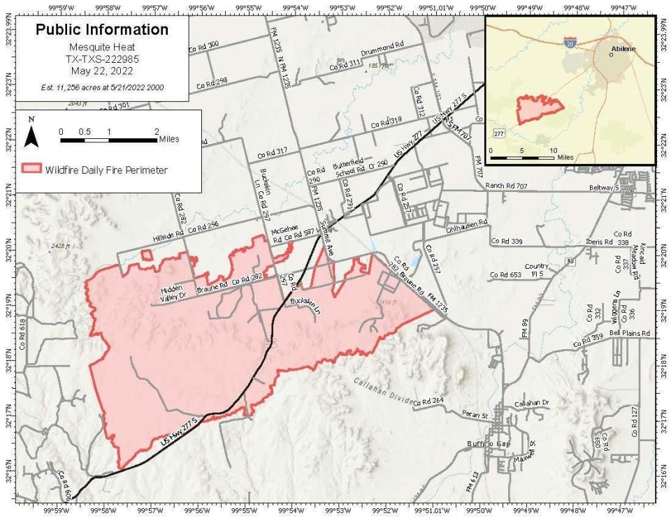 Map of Mesquite Heat Fire as of Sunday morning. Total acres is 11,256, with 25% containment.