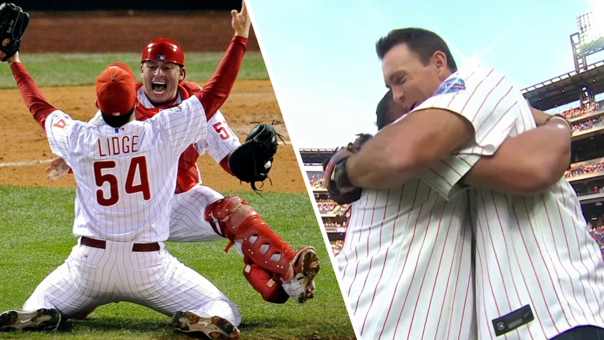 Watch: Carlos Ruiz and Brad Lidge switch roles in epic ceremonial first pitch