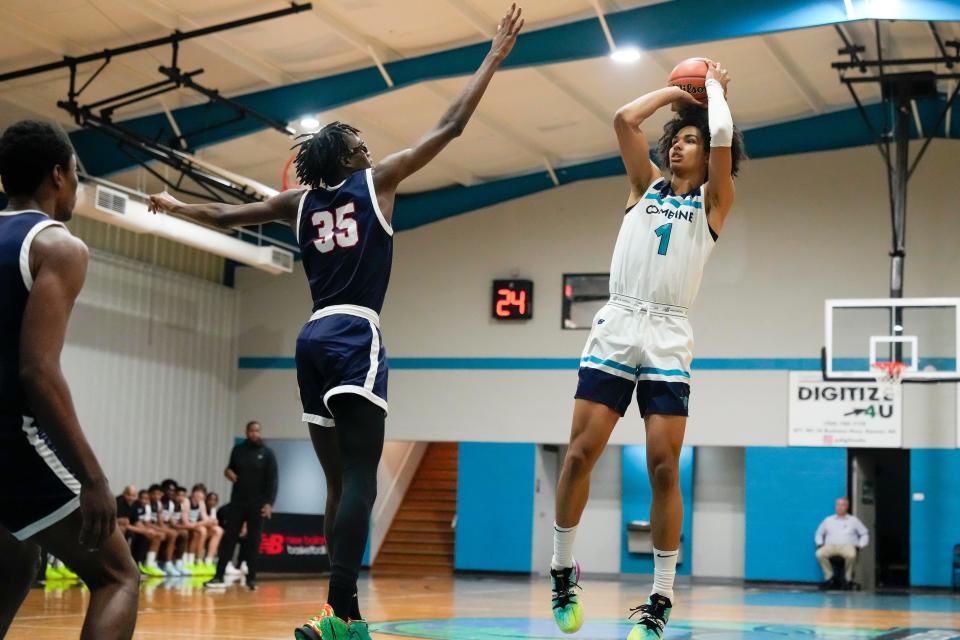 Dec 7, 2022; Lincolnton, NC, USA; Forward Trentyn Flowers takes a jump shot at Combine Academy. Mandatory Credit: Jim Dedmon-USA TODAY Sports