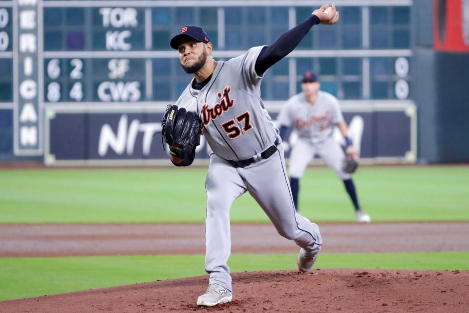 Detroit Tigers starting pitcher Eduardo Rodriguez throws against the Houston Astros during the first inning at Minute Maid Park in Houston on Wednesday, April 5, 2023.