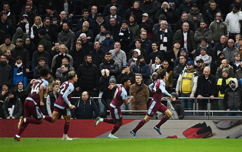 Aston Villa's Pau Torres celebrates scoring their first goal with his teammates