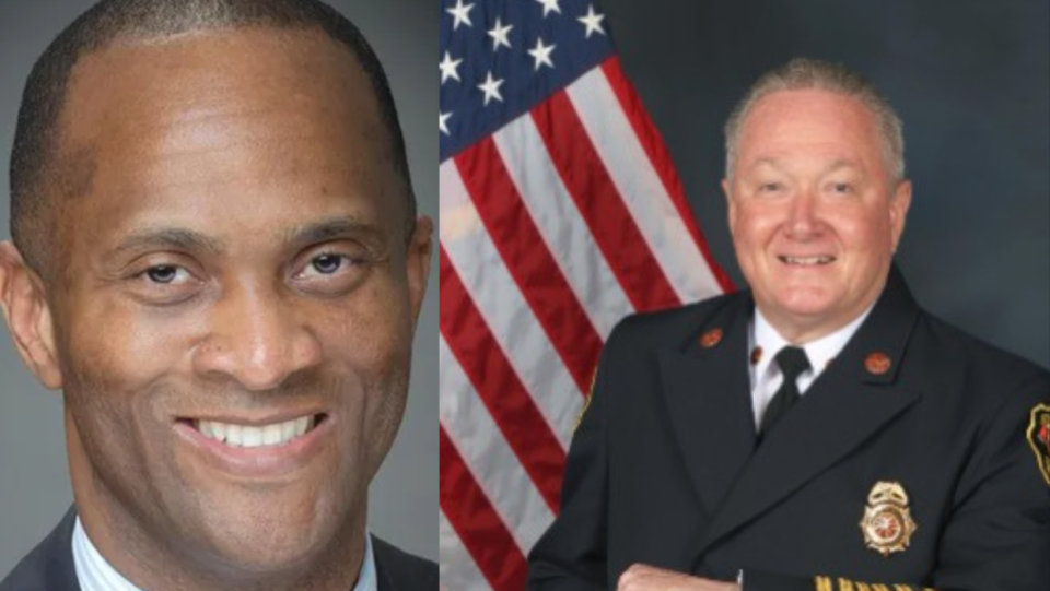 Former Delray Beach FIre Rescue Chief Keith Tomey (right) claims he was sexually harassed by his then-supervisor, City Manager Terrence Moore (left), in August 2022.