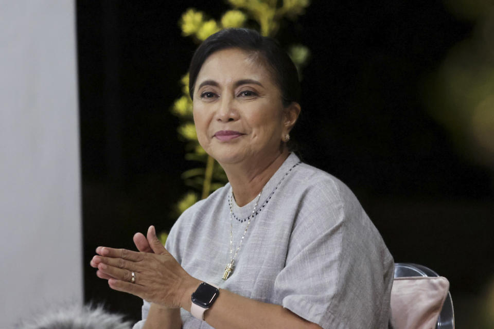 In this photo provided by the Office of the Vice President, Philippine Vice President Leni Robredo reacts as she gives a post-election statement from her home in Magarao, Camarines Norte, eastern Philippines Tuesday, May 10, 2022. The son and namesake of ousted Philippine dictator Ferdinand Marcos took a commanding lead in an unofficial vote count in Monday's presidential election in the deeply divided Asian democracy. Marcos Jr. had votes, far ahead of his closest challenger Robredo, a champion of human rights. (Office of the Vice President via AP)