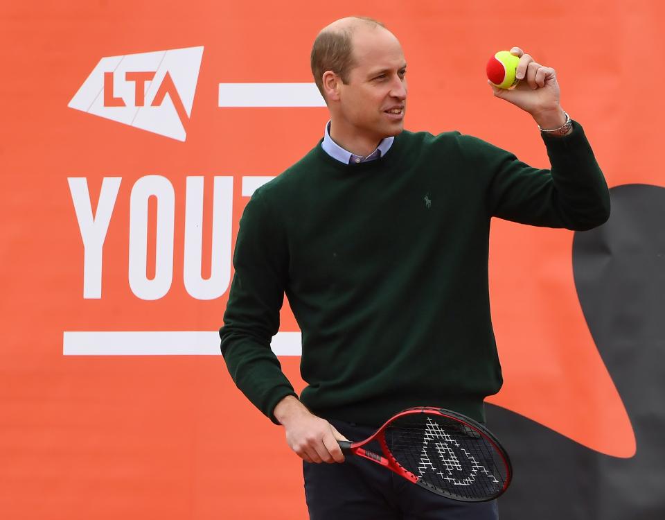 EDINBURGH, SCOTLAND - MAY 27: Prince William, Duke of Cambridge plays tennis games with local schoolchildren as he takes part in the Lawn Tennis Association's (LTA) Youth programme, at Craiglockhart Tennis Centre on May 26, 2021 in Edinburgh, Scotland. (Photo by Andy Buchanan - WPA Pool/Getty Images)