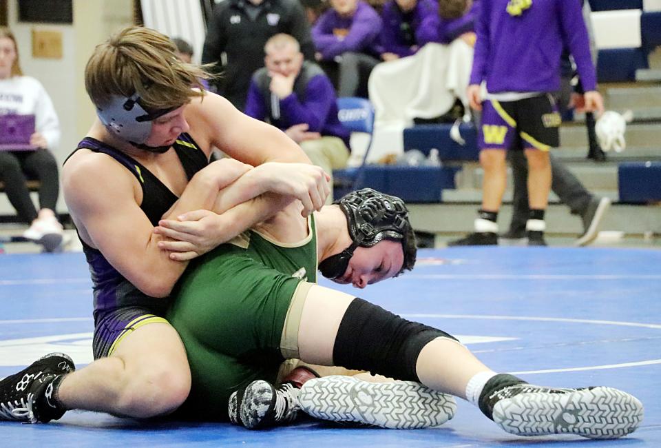 Weston Everson of Watertown (left) controls Ayden Dooley of Sioux Falls Jefferson during their 132-pound championship match Saturday in the Region 1A wrestling tournament at Sioux Falls O'Gorman. Everson won the match 5-0.