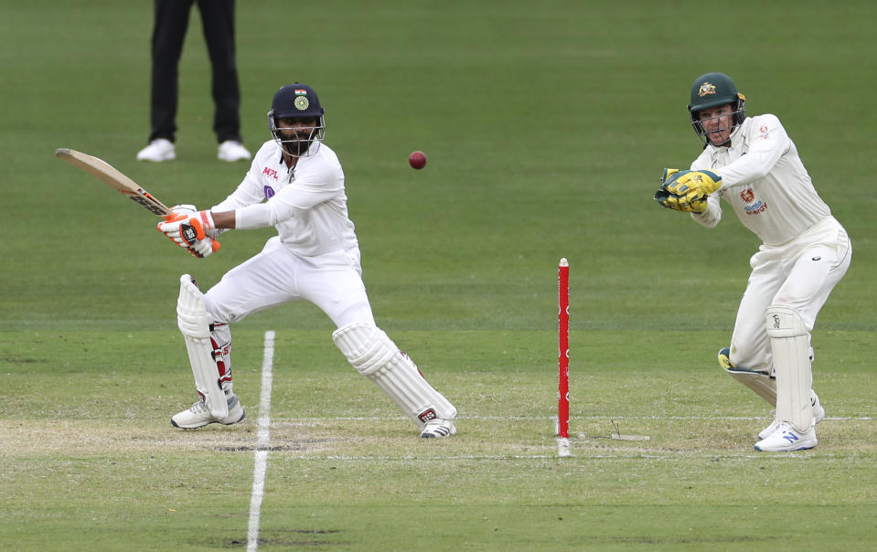 India's Ravindra Jadeja bats during play on day two of the second cricket test between India and Australia at the Melbourne Cricket Ground, Melbourne, Australia, Sunday, Dec. 27, 2020. (AP Photo/Asanka Brendon Ratnayake)