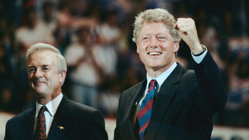 North Carolina governor Jim Hunt introduced candidate Bill Clinton at a rally