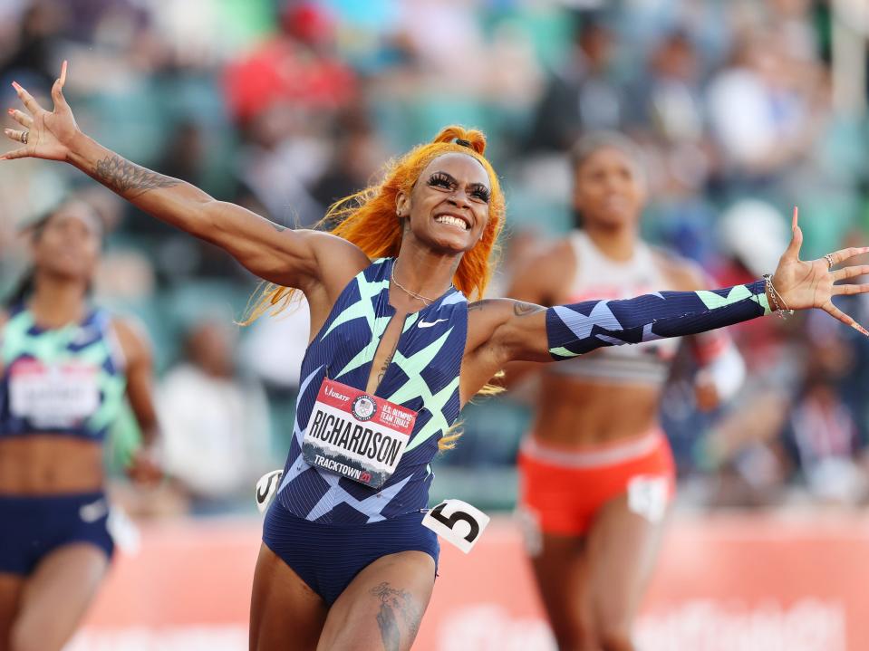 Sha’Carri Richardson celebrates winning the women’s 100-Meter final on day two of the 2020 US Olympic Track & Field Team trials on 19 June 2021 in Eugene, Oregon (Patrick Smith/Getty Images)