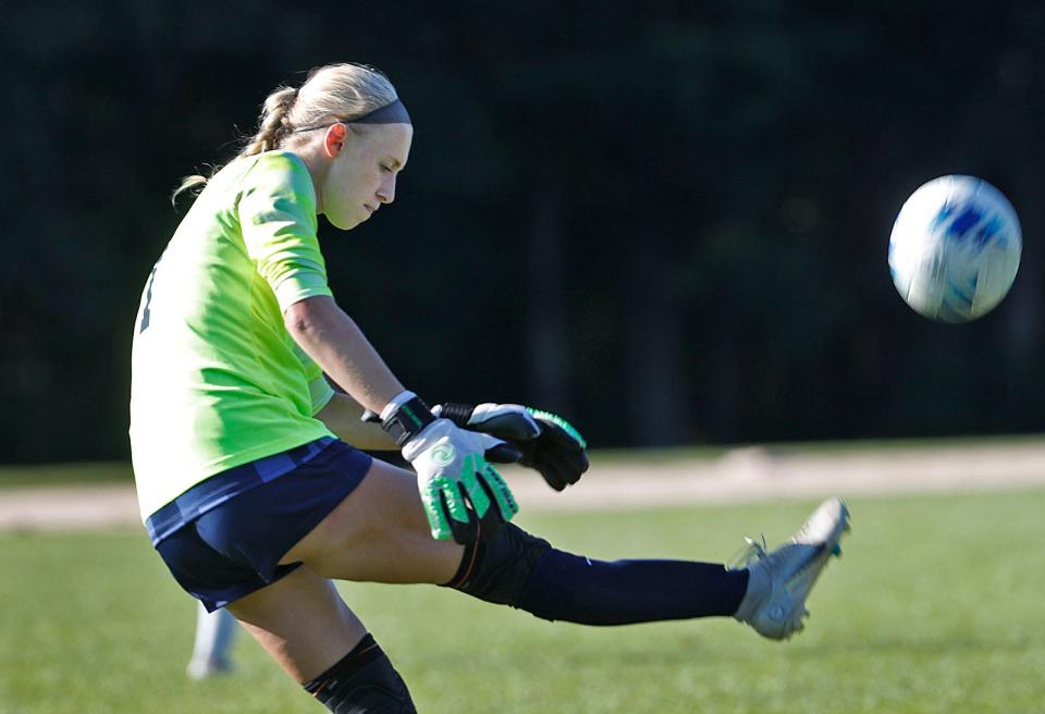 Hanover keeper Natalie Mutschler boots the ball from her net.Hanover Hawks host the Silver Lake Lakers in girls soccer, both teams were last years state champions in their division. Thursday, Sept. 21, 2023 