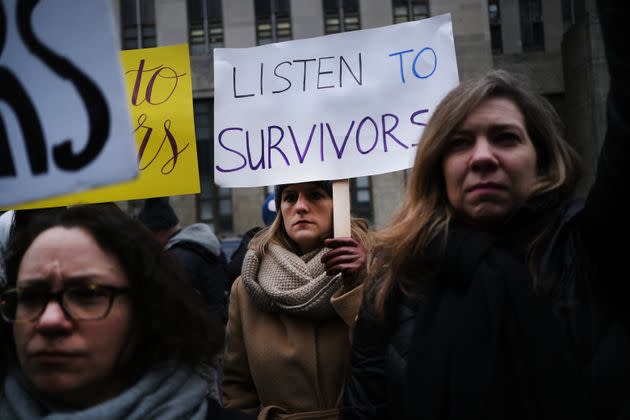 Protesters gather as Harvey Weinstein arrives at a Manhattan courthouse for the start of his trial in January 2020, in New York City. 