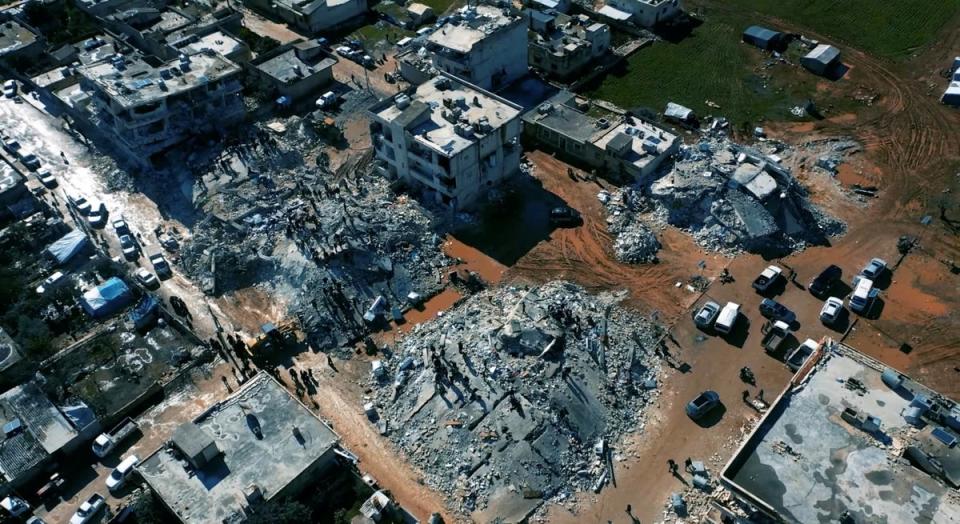 Damaged buildings and rescue operations are seen in the aftermath of the earthquake, in Aleppo, Syria (via REUTERS)