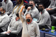 New Orleans Pelicans head coach Stan Van Gundy signals from the bench in the second half of an NBA preseason basketball game against the Milwaukee Bucks in New Orleans, Friday, Dec. 18, 2020. (AP Photo/Gerald Herbert)