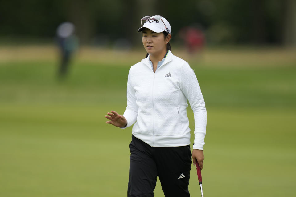 Rose Zhang reacts after making a putt on the 14th hole during the first round of the Women's PGA Championship golf tournament, Thursday, June 22, 2023, in Springfield, N.J. (AP Photo/Seth Wenig)