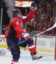 <p>Alex Ovechkin celebrates a goal during the 2008 NHL playoffs, his first year in the postseason. (Getty) </p>