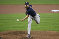 Boston Red Sox starting pitcher Chris Sale follows through on a pitch during the first inning of a baseball game against the Baltimore Orioles, Tuesday, Sept. 28, 2021, in Baltimore. (AP Photo/Nick Wass)