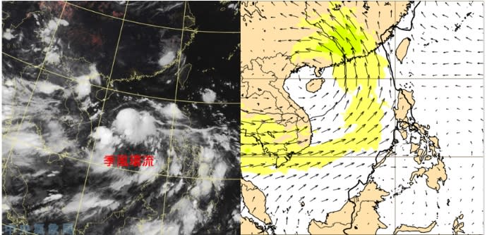 今晨真實色雲圖(左圖)顯示，「季風環流」(monsoon gyre) 在南海逐漸成形。6日20時歐洲模式(ECMWF)850百帕風場模擬圖顯示，週三(10日)20時「熱帶擾動」已在雷州半島附近(右圖)。   圖/「三立準氣象．老大洩天機」專欄