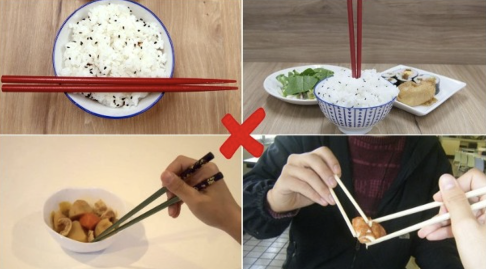 不要把筷子橫放碗上或插在飯中，更不要用筷子互傳食物。（互聯網）