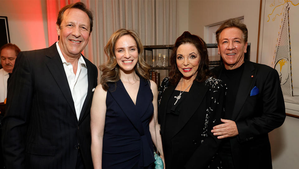 Percy Gibson, Emily Cloke, Joan Collins and Ross King attend the British Consulate General’s celebration of British excellence in film at the British Consulate residence in Los Angeles on March 8, 2024.