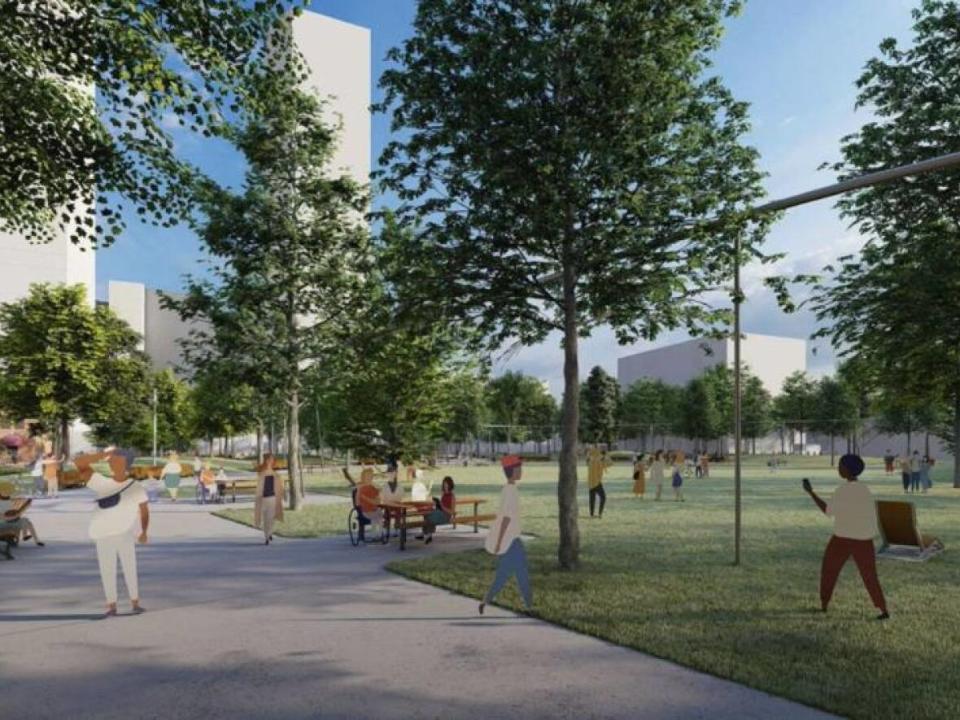 The envisioned Warehouse Park would stretch from Jasper Avenue north to 102nd Avenue, and 106th to west of 107th streets in downtown Edmonton.  (City of Edmonton - image credit)