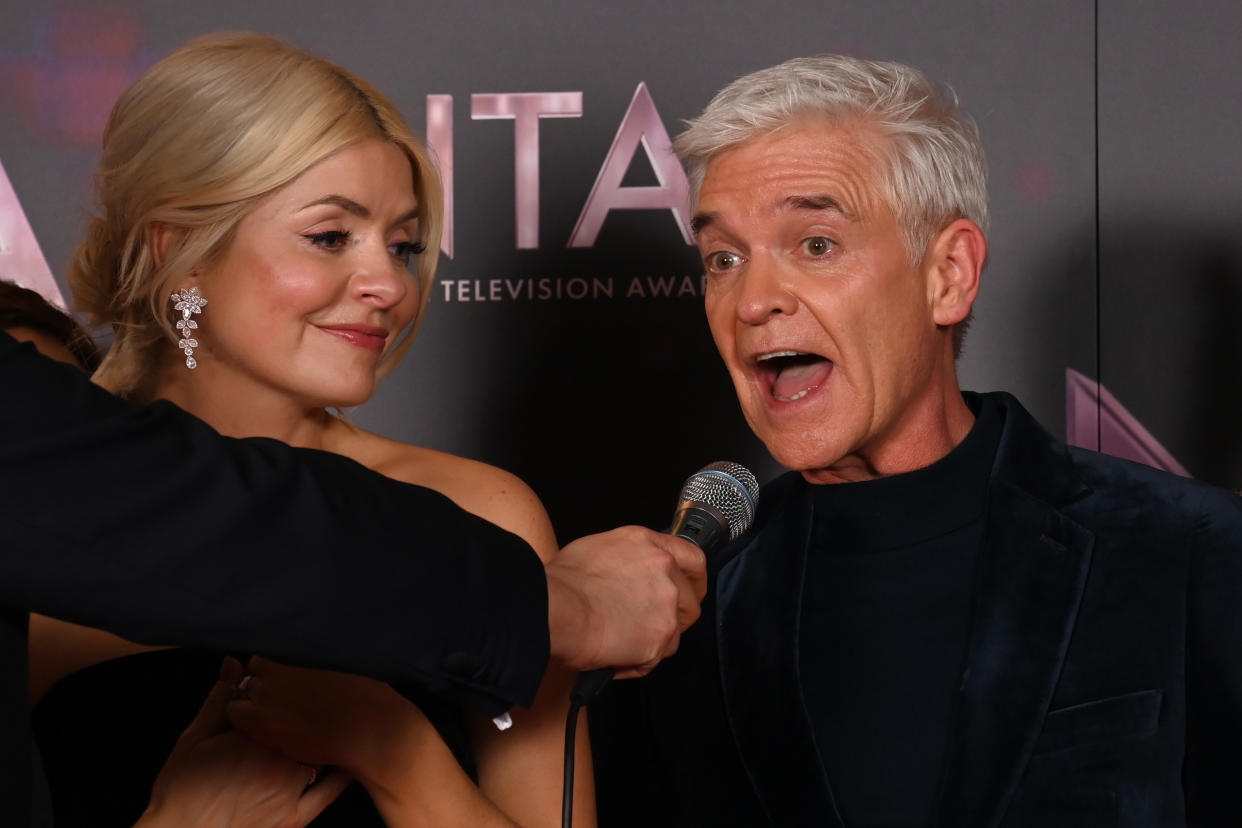 Holly Willoughby and Phillip Schofield with the Best Daytime award for 'This Morning' in the winners' room at the National Television Awards 2022 at OVO Arena Wembley on October 13, 2022 in London, England. (Photo by Dave J Hogan/Getty Images)